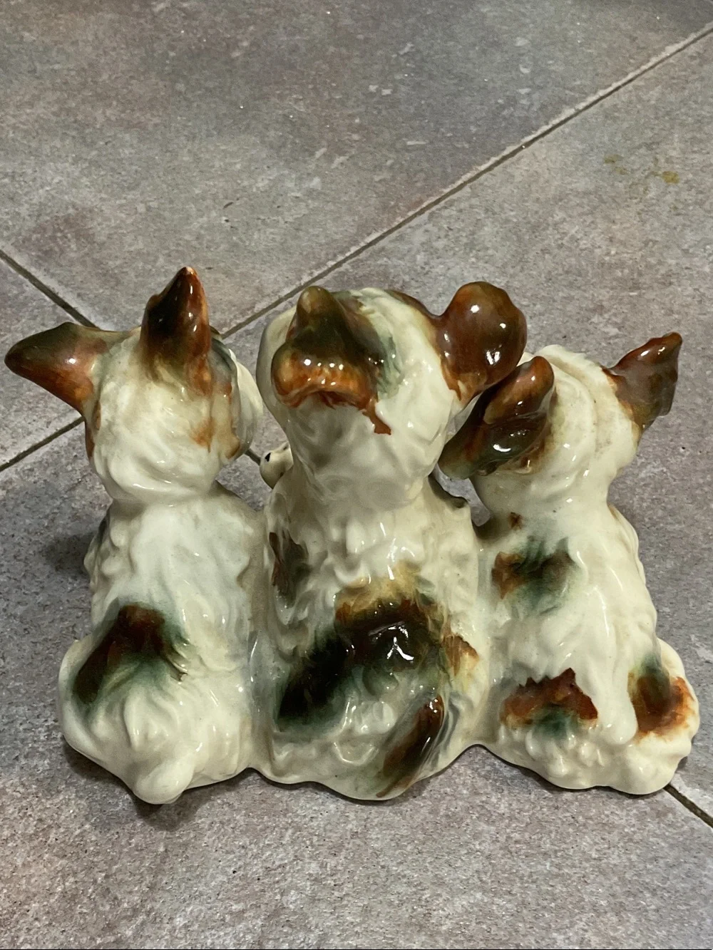 Vintage Ceramic Puppy Trio with Small Cat Figurine - Brown & Cream